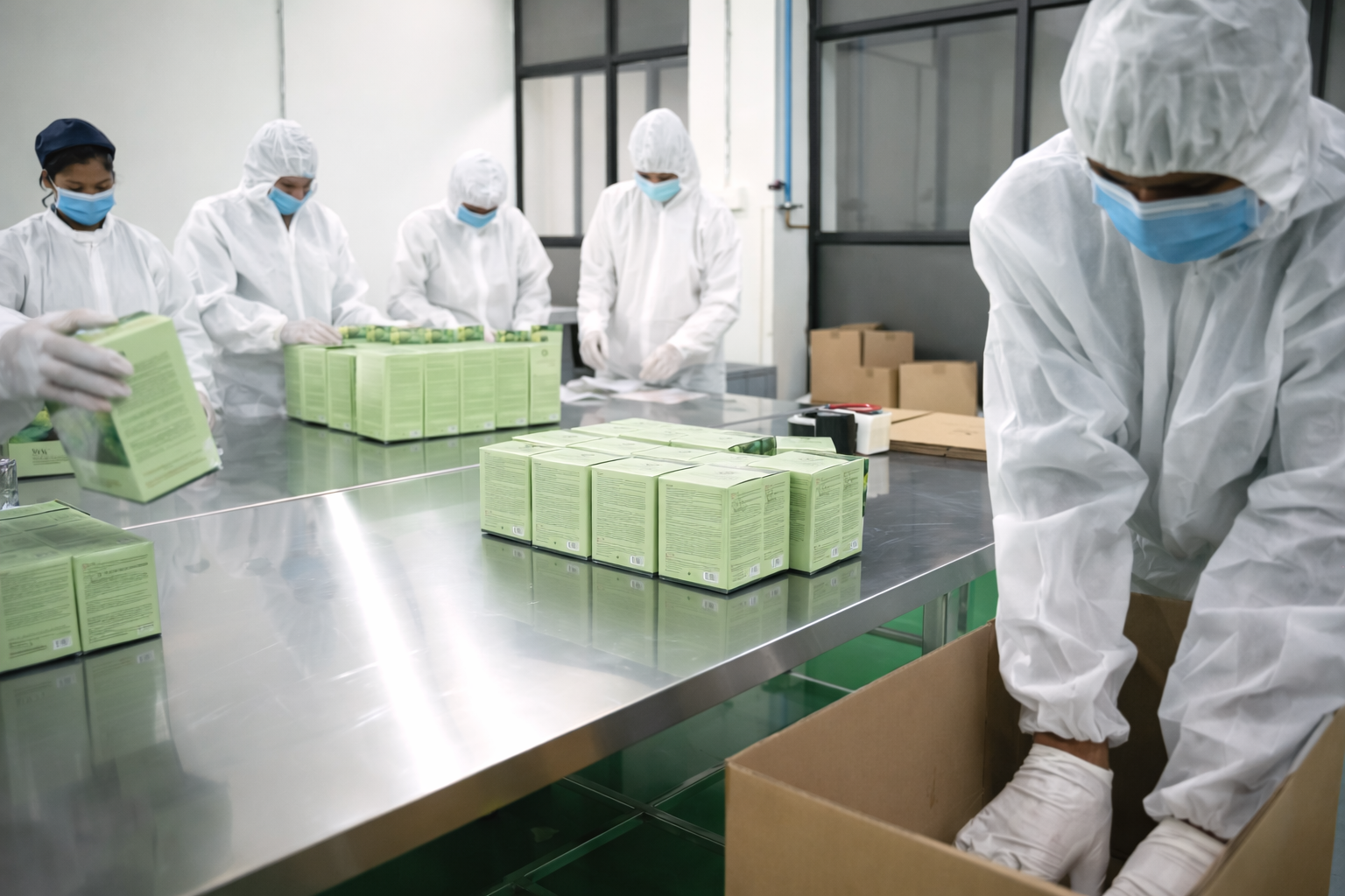 Factory packing area with team handling carton packing and final product packing workflow