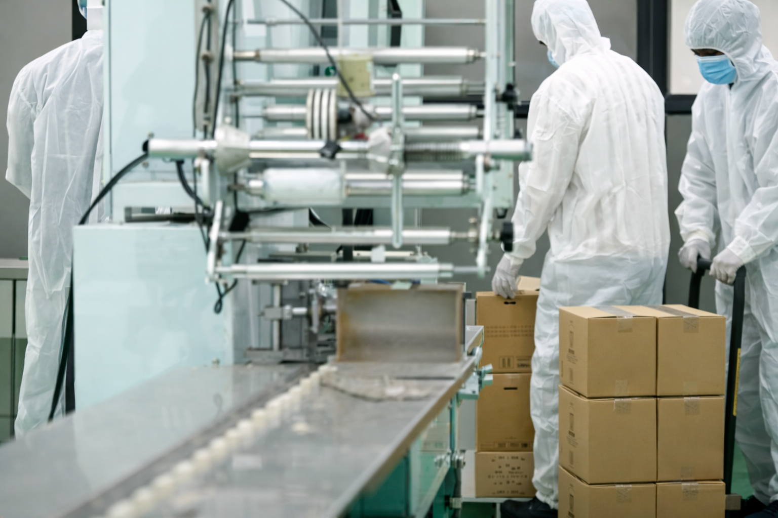 Packing line area with machinery and packed cartons prepared for dispatch workflow