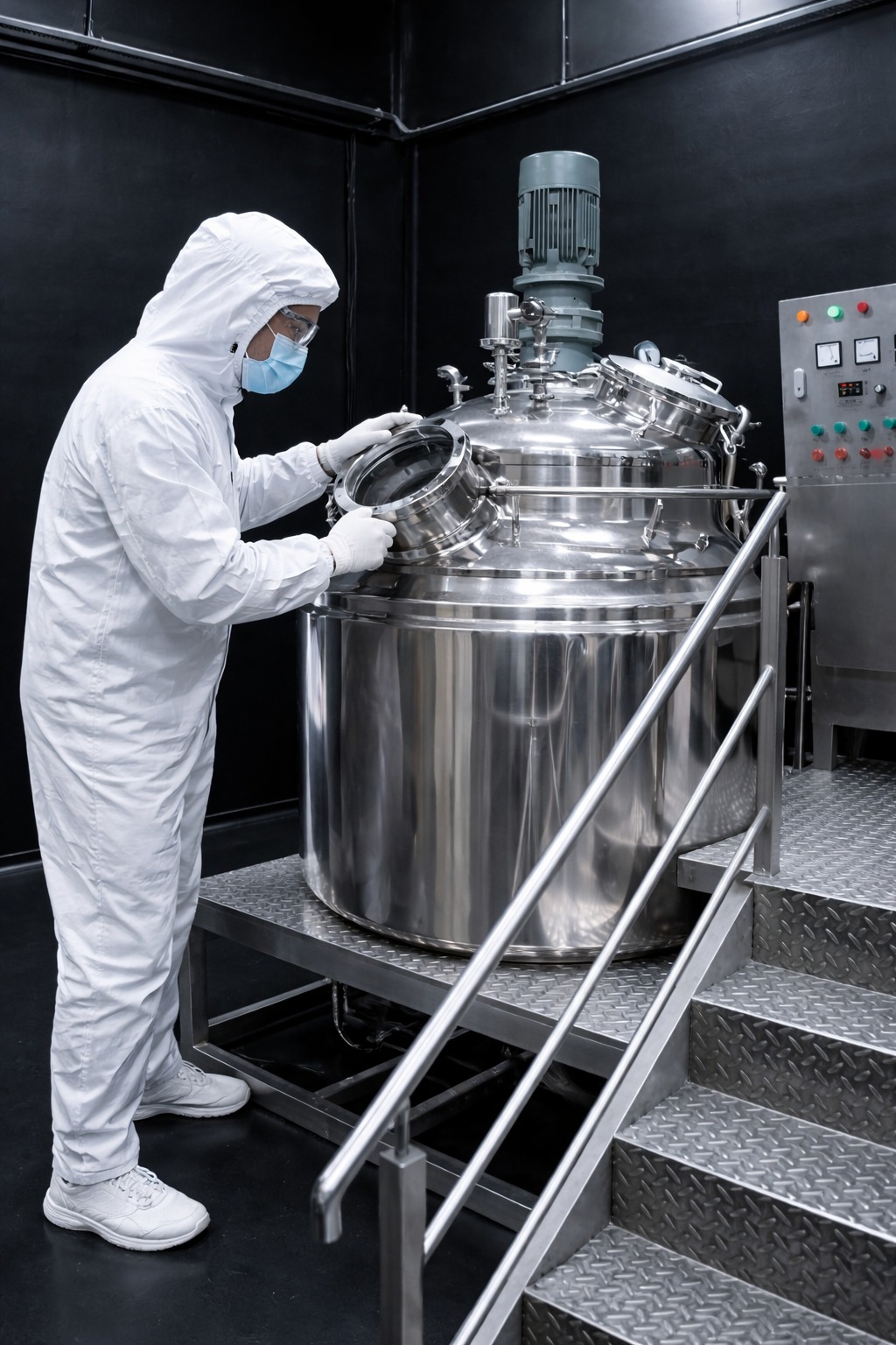 Operator inspecting stainless steel production mixer in controlled manufacturing environment