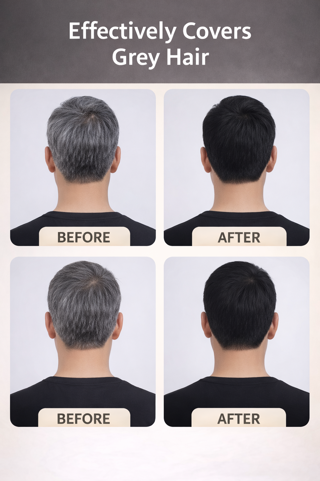 Hair colour shampoo before and after grey hair coverage visual for men