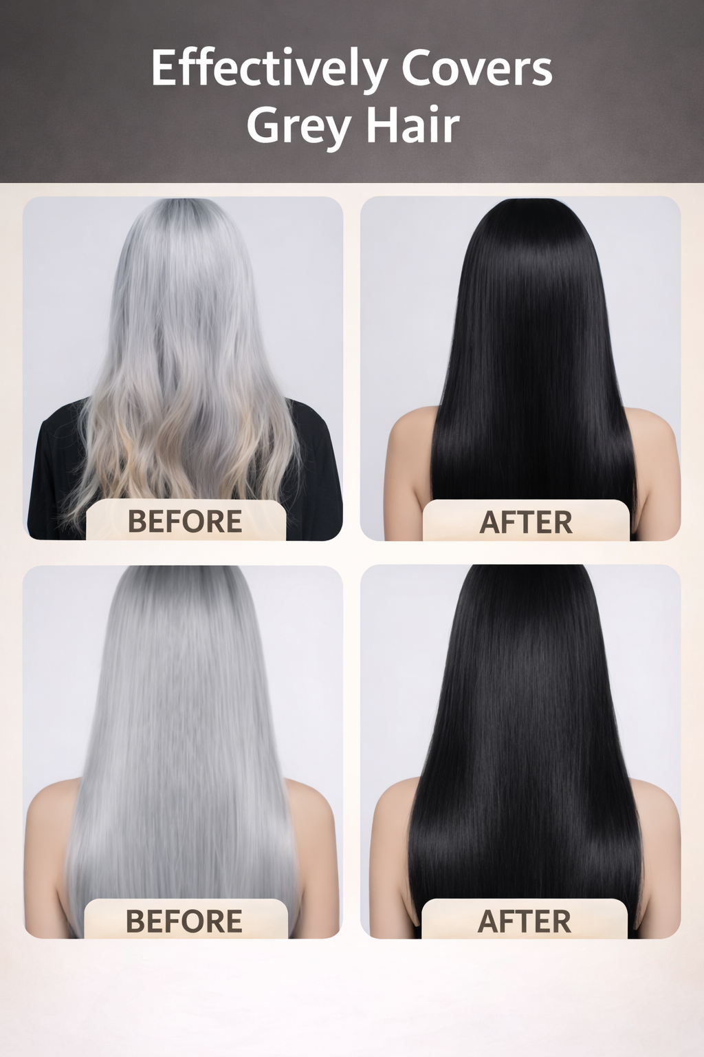Hair colour shampoo before and after grey hair coverage visual for women