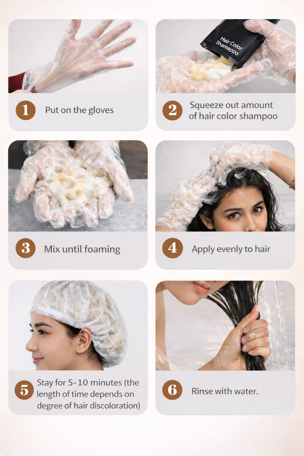 Hair colour shampoo application usage guide showing six-step application process