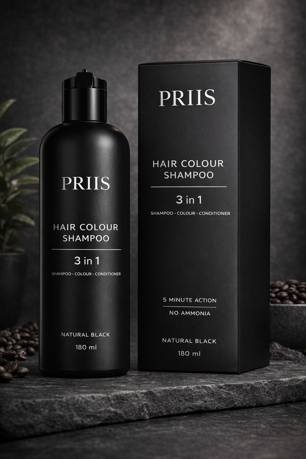 PRIIS private label hair colour shampoo bottle and box